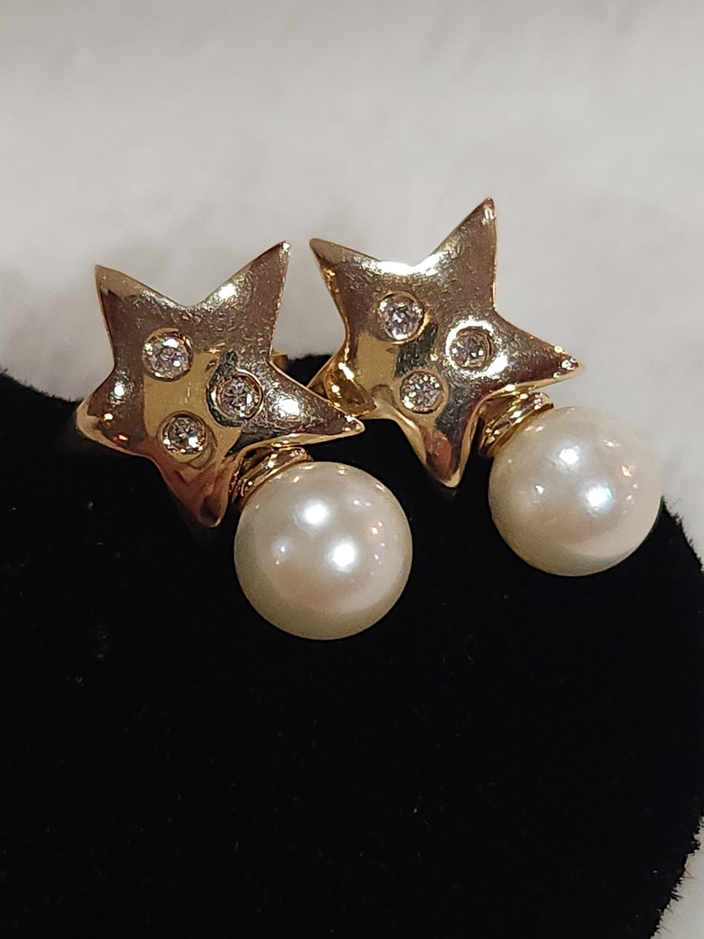 14K Gold Star Earrings w/Diamonds and Cultured Pearls